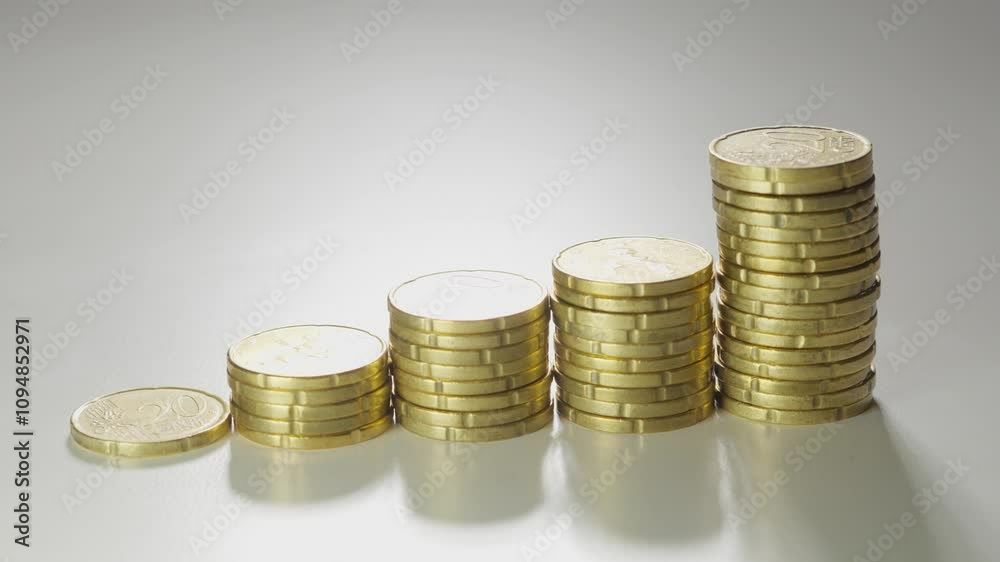 A hand stacks gold coins into ascending piles on a light surface, representing concepts of wealth, saving, and financial growth. The image conveys economic prosperity and investment strategies. A hand stacks gold coins into ascending piles on a light surface, representing concepts of wealth, saving, and financial growth. The image conveys economic prosperity and investment strategies.