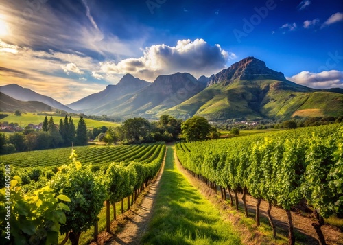 Breathtaking Vineyard Landscape in Franschhoek, South Africa with Majestic Mountains in the Background Showcasing Lush Vines and Scenic Beauty of the Winelands photo