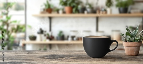 Wallpaper Mural Cup of Coffee and Plant on a Wooden Table in a Cozy Cafe, Beverage and Relaxation Concept Torontodigital.ca