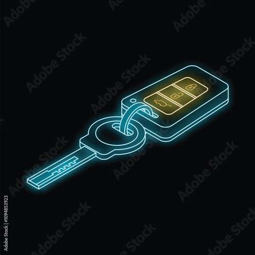 Neon car key glowing on a black background, representing car rental, sale, insurance or security