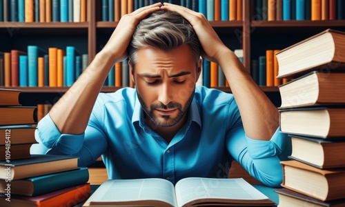 Wallpaper Mural Stressed man reading alone in library surrounded by books Torontodigital.ca