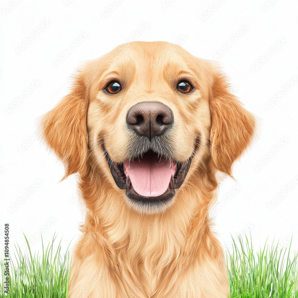 A cheerful golden retriever dog smiles in front of a white background with green grass, showcasing its friendly and playful nature. A cheerful golden retriever dog smiles in front of a white background with green grass, showcasing its friendly and playful nature.
