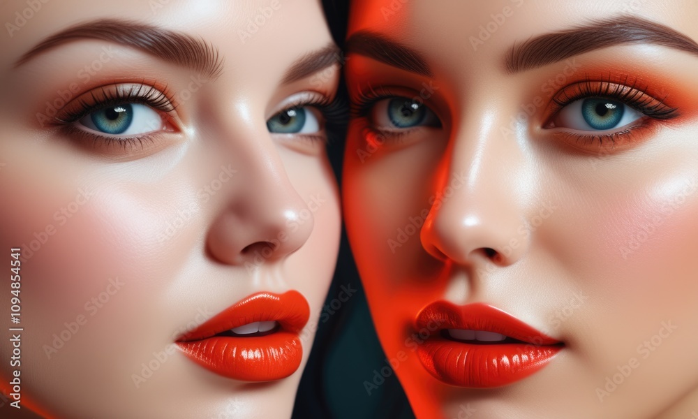 Vibrant closeup of two women with bold red lipstick and eye makeup in dramatic lighting Vibrant closeup of two women with bold red lipstick and eye makeup in dramatic lighting