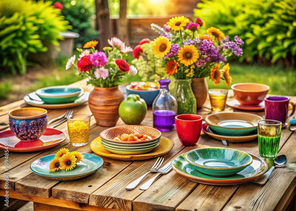 Candid Clipart of a Rustic Wooden Table with Colorful Tableware and Fresh Flowers for Home Decor and Event Planning Inspiration Candid Clipart of a Rustic Wooden Table with Colorful Tableware and Fresh Flowers for Home Decor and Event Planning Inspiration