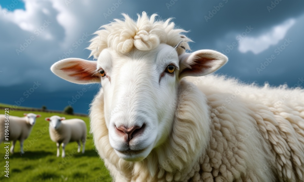 Curious sheep in lush green pasture under dramatic sky Curious sheep in lush green pasture under dramatic sky