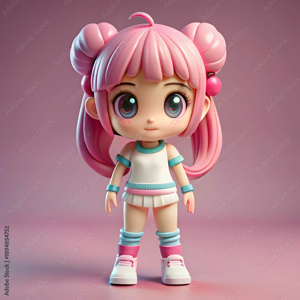 A 3D full-body figurine of a girl with pink hair, small horns, earrings, and shorts, styled as a trendy Popmart blind box toy.