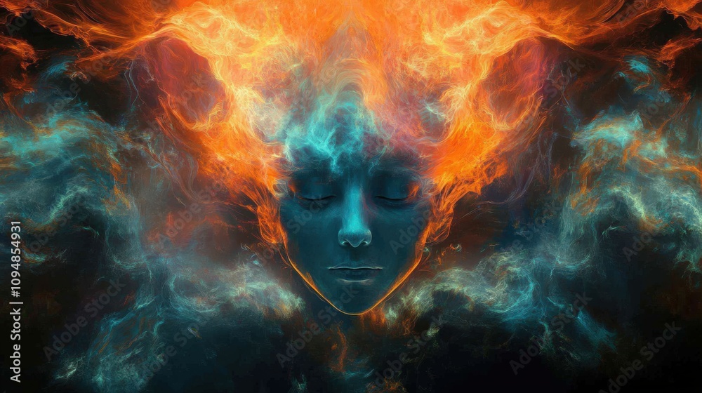 Abstract Portrait of a Woman with Flaming Hair and Teal Smoke Abstract Portrait of a Woman with Flaming Hair and Teal Smoke