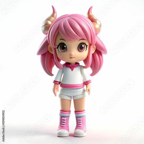 A 3D full-body figurine of a girl with pink hair, small horns, earrings, and shorts, styled as a trendy Popmart blind box toy. photo