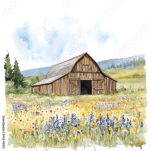 Fototapeta Naklejka Na Ścianę i Meble -  Rustic Wooden Barn in a Wildflower Meadow, Watercolor Painting.