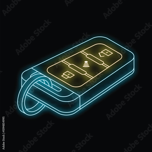 Glowing neon line car remote key icon isolated on black background car key with remote fob. Vector illustration