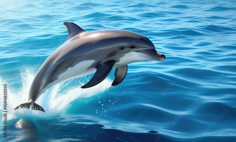 Playful dolphin leaping out of ocean water in a sunlit scene