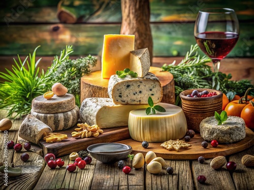 Candid Photography of Artisan Fermented Cheeses on a Rustic Wooden Table Surrounded by Fresh Herbs, Nuts, and Wine for a Cozy Culinary Experience