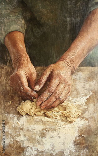 Close-Up of Hands Kneading Dough on a Floured Wooden Surface, Highlighting the Traditional Art of Bread-Making with Warm Rustic Tones photo