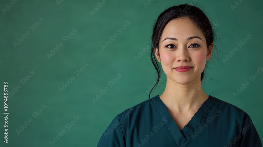 A healthcare worker stands smiling in front of a solid green backdrop, wearing dark scrubs and radiating warmth and professionalism in a clinic environment. A healthcare worker stands smiling in front of a solid green backdrop, wearing dark scrubs and radiating warmth and professionalism in a clinic environment.