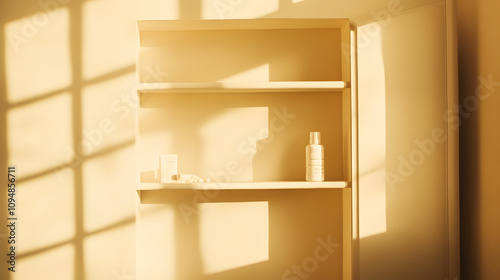 An empty medicine cabinet with shelves sparsely filled, featuring a few scattered pills, symbolizing minimalism and the absence of essential supplies, suggesting a need for replenishment or organizati photo