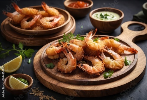 A plate of fried prawns on a wooden surface with a traditional kitchen in the background