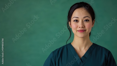 A healthcare worker stands smiling in front of a solid green backdrop, wearing dark scrubs and radiating warmth and professionalism in a clinic environment.