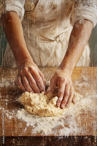 Close-Up of Hands Kneading Dough on a Floured Wooden Surface, Highlighting the Traditional Art of Bread-Making with Warm Rustic Tones photo