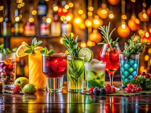 Candid Photography of Vibrant Mixed Drinks in Stylish Glassware on a Bar Counter with Refreshing Fruits and Garnishes, Perfect for Cocktail Enthusiasts and Beverage Lovers photo