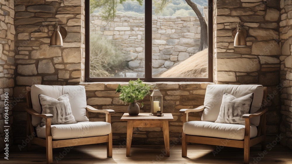 Rustic country living room with wooden armchairs, beige cushions, and stone cladding wall. The large poster adds personality to this cozy design. Rustic country living room with wooden armchairs, beige cushions, and stone cladding wall. The large poster adds personality to this cozy design.