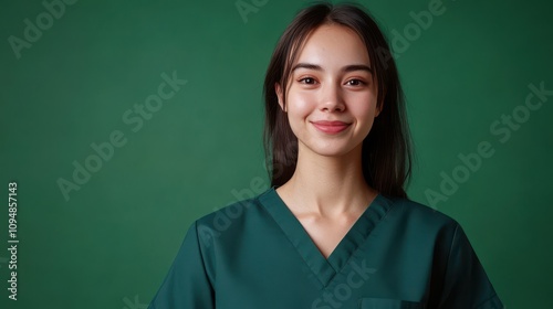 A healthcare worker stands smiling in front of a solid green backdrop, wearing dark scrubs and radiating warmth and professionalism in a clinic environment.