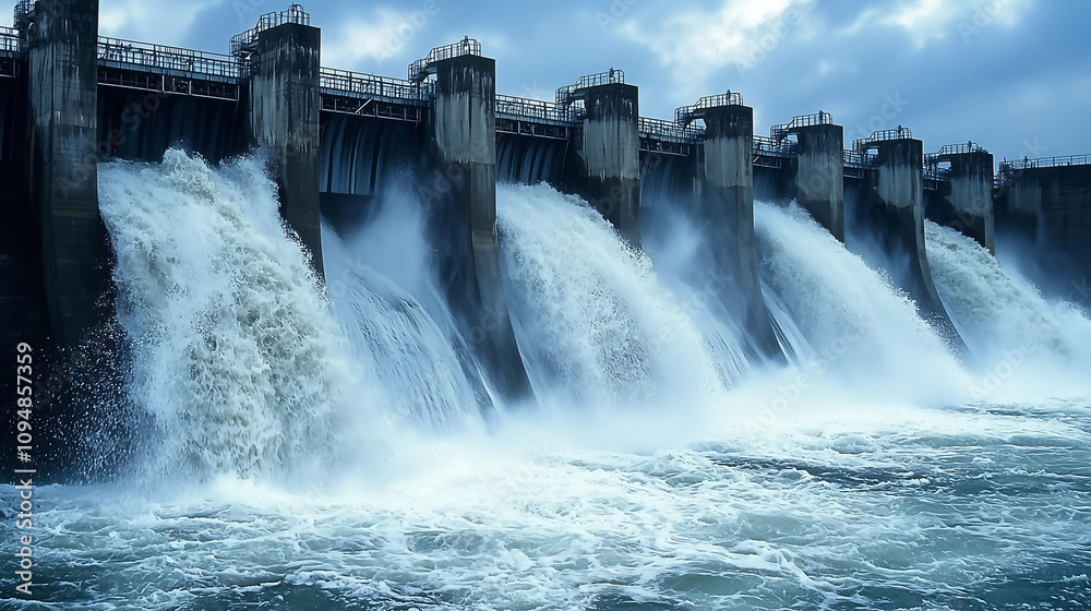 Water cascading over a concrete dam. Water cascading over a concrete dam.