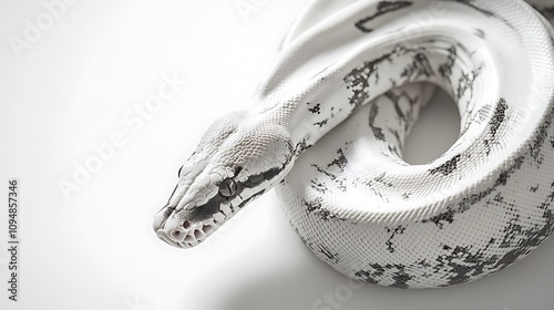 A reticulated python with its intricate patterns stretched partially along a white background photo