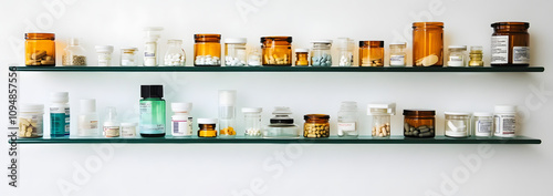 An empty medicine cabinet with shelves sparsely filled, featuring a few scattered pills, symbolizing minimalism and the absence of essential supplies, suggesting a need for replenishment or organizati photo