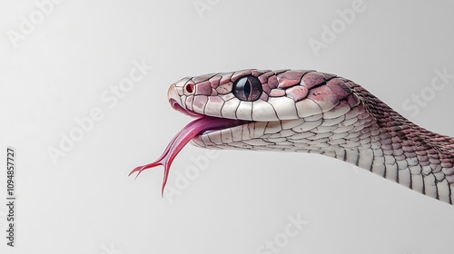 A king cobra with its tongue flicking outward against a plain white background