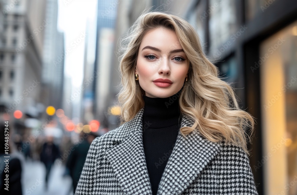 A beautiful woman with blonde hair, wearing an elegant houndstooth coat and black turtleneck sweater, is standing on the street in front of fashion stores.
