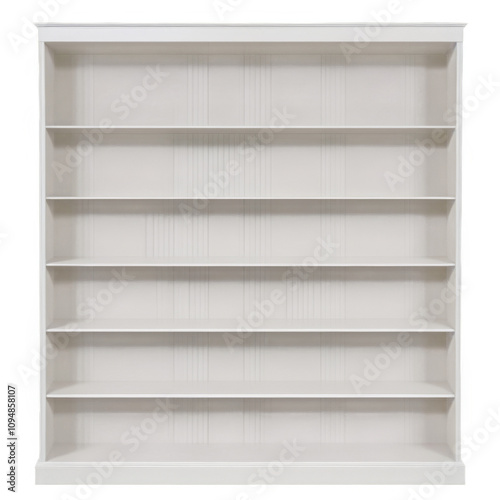 A tall white bookcase with six shelves. Isolated on transparent background