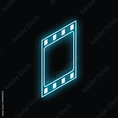 Bright blue neon film strip glowing on black background