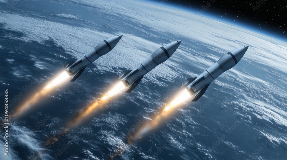 Obraz premium Formation Flight, three rockets launch into space above Earth's atmosphere, showcasing advanced aerospace technology.
