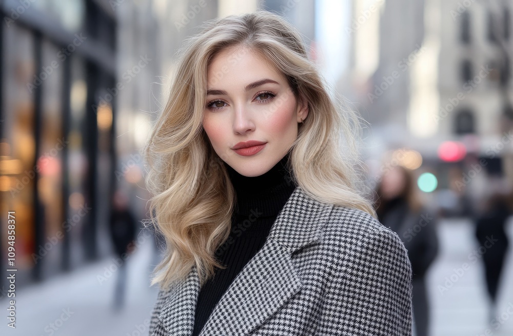 A beautiful woman with blonde hair, wearing an elegant houndstooth coat and black turtleneck sweater, is standing on the street in front of fashion stores. A beautiful woman with blonde hair, wearing an elegant houndstooth coat and black turtleneck sweater, is standing on the street in front of fashion stores.