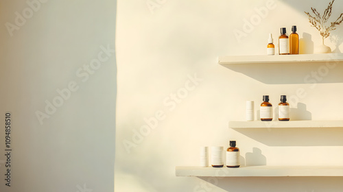 An empty medicine cabinet with shelves sparsely filled, featuring a few scattered pills, symbolizing minimalism and the absence of essential supplies, suggesting a need for replenishment or organizati photo