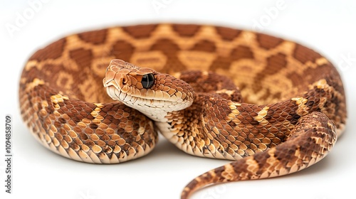 A western diamondback rattlesnake with its diamond patterns highlighted on a white background photo