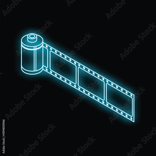 Neon blue film strip glowing on a black background, perfect for entertainment concepts