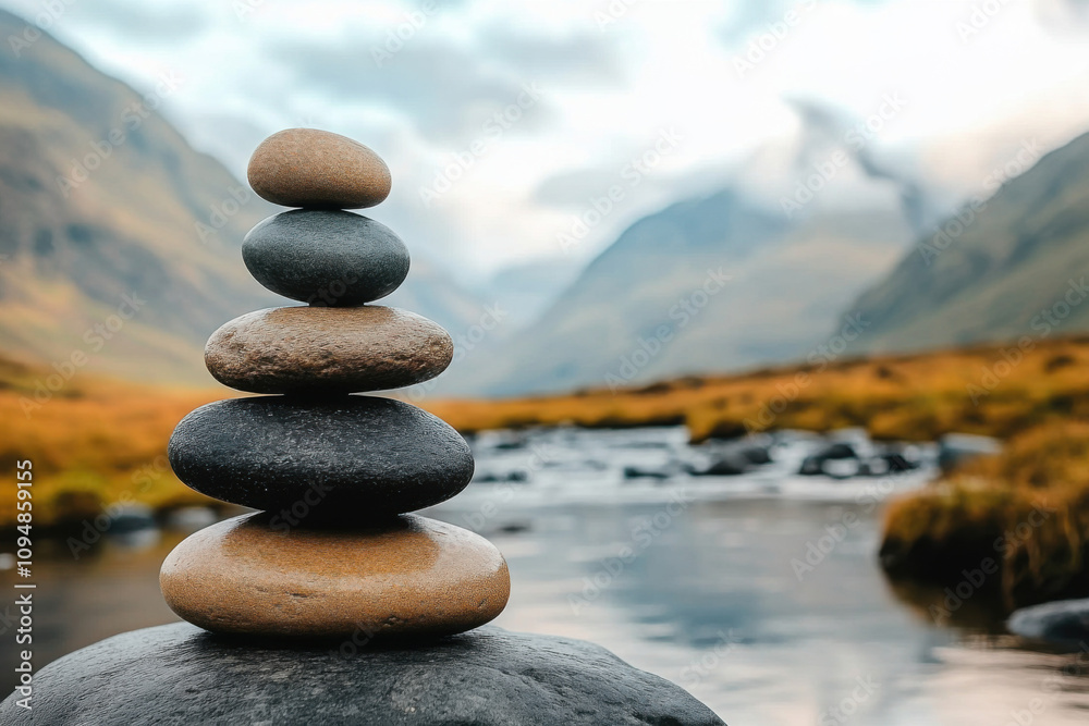 Stack of balancing zen stones near peaceful mountain lake at sunset Stack of balancing zen stones near peaceful mountain lake at sunset
