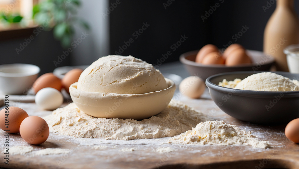 A Dough is Sitting on a Table with a Bow