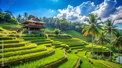 Captivating Balinese Capil: A Serene Landscape with Lush Green Rice Terraces and Traditional Architecture, Perfectly Framed for Travel and Nature Enthusiasts photo