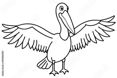 pelican with open wings large bill stocky body line art vector silhouette on white background