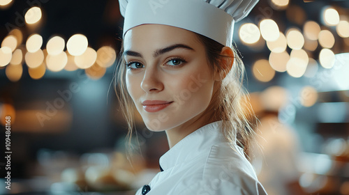 Portraits of a Female Chef in Traditional White Uniform and Hat, Showcasing Culinary Expertise, Confidence, and Professionalism in Various Settings photo