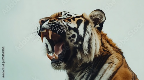 A tiger growling softly with its ears flattened against a bright white background photo