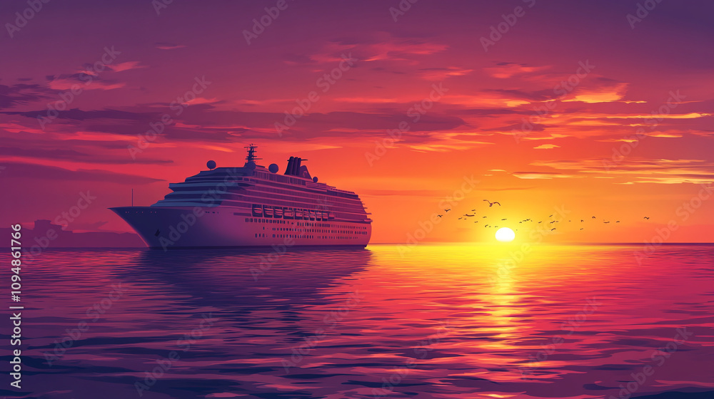 Cruise ship sailing during vibrant sunset at sea with calm waters Cruise ship sailing during vibrant sunset at sea with calm waters