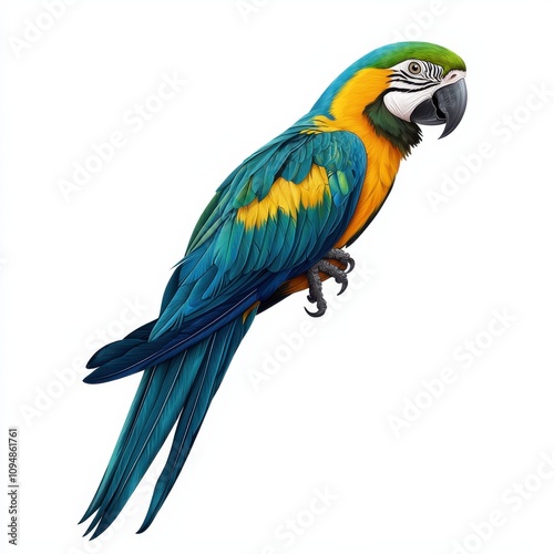 A vibrant blue and yellow macaw perched, showcasing its striking feathers and expressive eyes.