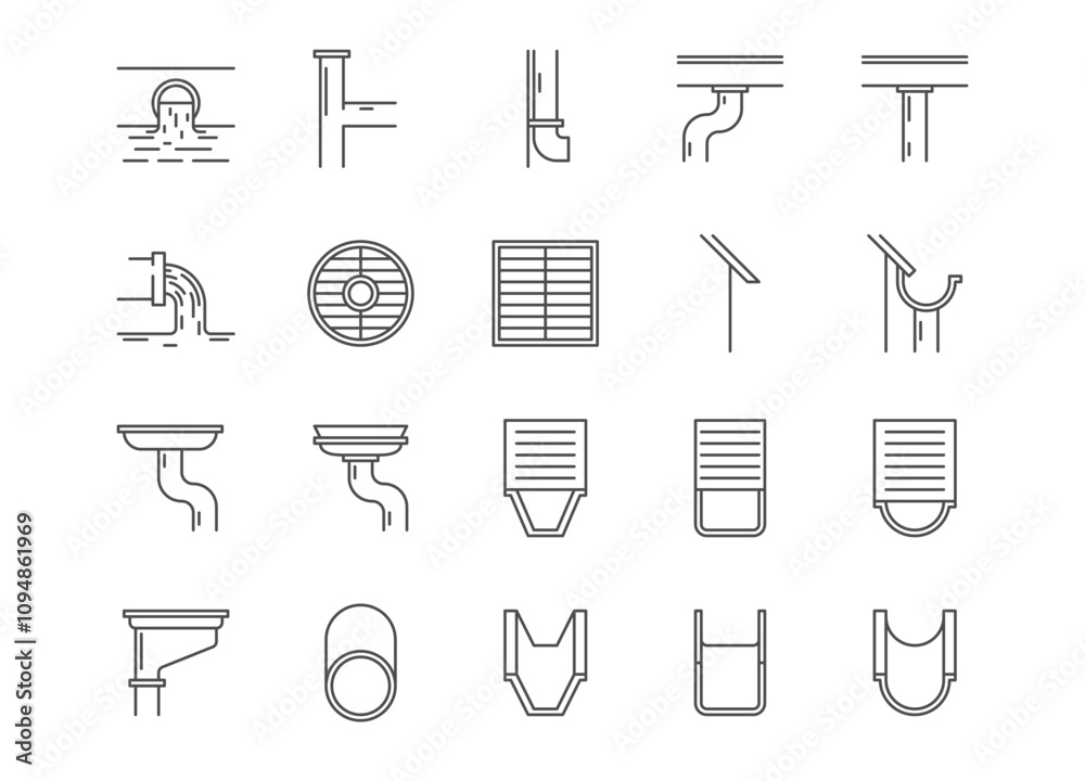 Gutter drain drainage sewer pipe black minimalist line art icon set vector illustration Gutter drain drainage sewer pipe black minimalist line art icon set vector illustration