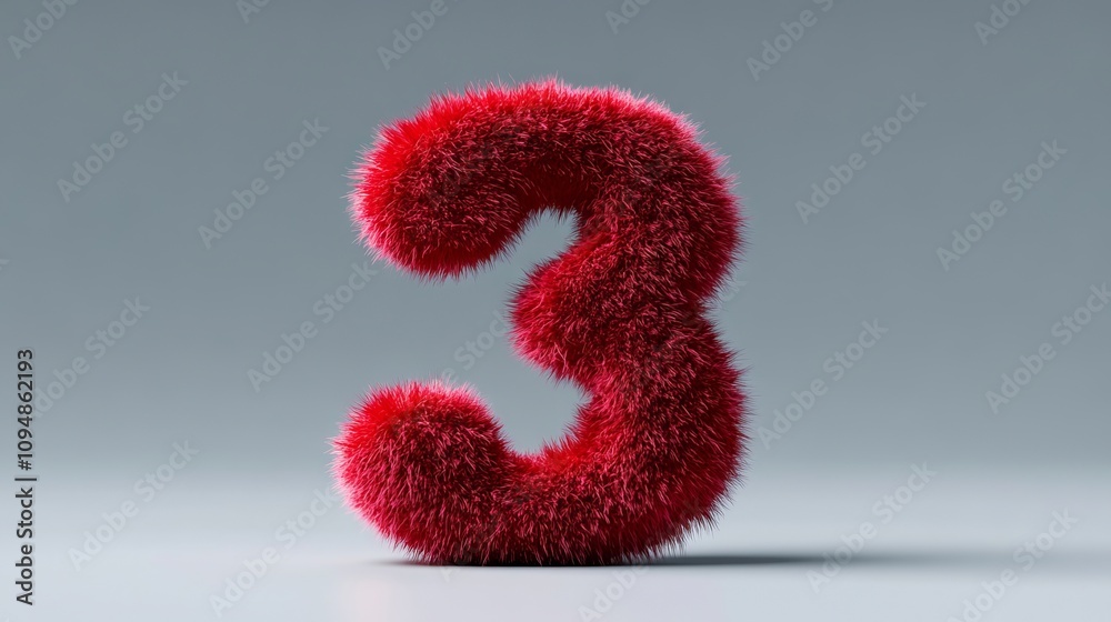 A red furry number 3 on a gray background A red furry number 3 on a gray background