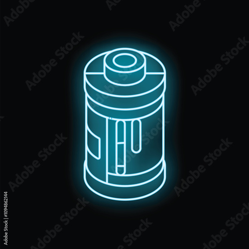 Neon icon of a protein powder container glowing on a dark background representing fitness and nutrition