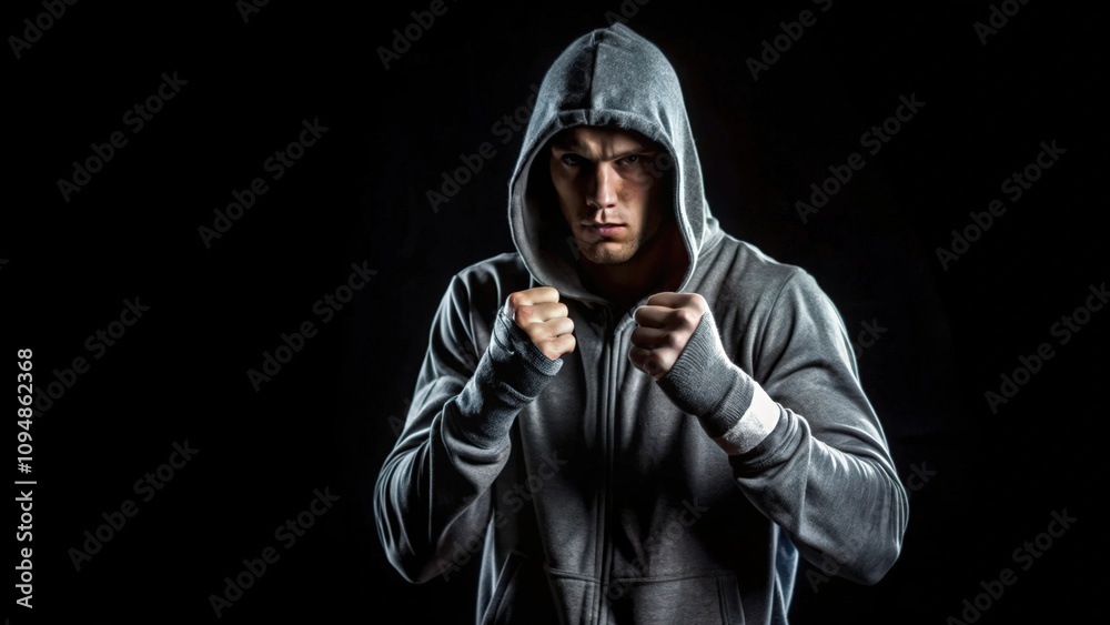 A Hooded Man With Fists Raised in a Fighting Stance A Hooded Man With Fists Raised in a Fighting Stance
