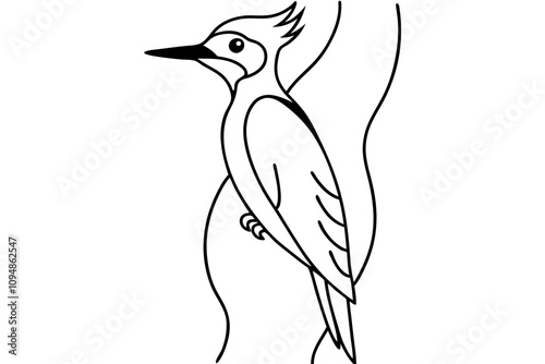 woodpecker on tree profile with distinctive head line art vector silhouette on white background photo